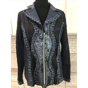 Berek Jacket Womens Large Blue Black Mixed Media Denim Tweed Zip Metallic Trim